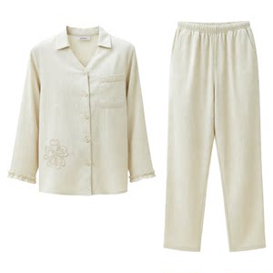 
Hongdou home men's double-layer gauze pure cotton pajamas women's high-end striped long-sleeved trousers home wear shopping mall same style