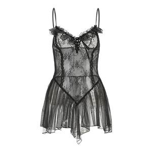 Tonight Hexi sexy nightgown for women 2025 new mesh polka dot perspective hollowed-out chest pad side slit with underwear
