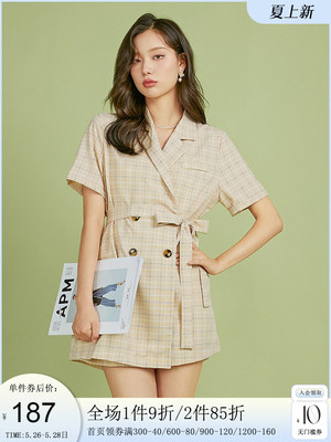 taobao agent Summer plaid jumpsuit, with short sleeve, high waist
