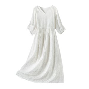 
Ran Shang's original literary short-sleeved dress for women's jacquard V-neck high waist loose flesh covering new style for 2022 summer