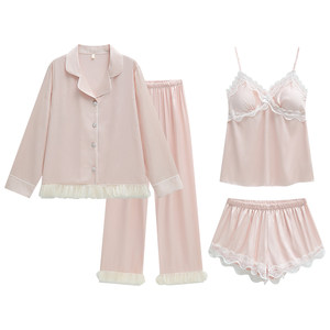 
Lezimeng sexy ice silk suspender shorts pajamas for women in spring and summer with chest pad four-piece home clothes long sleeve suit