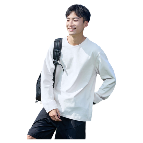 
Tangshi spring new solid color long-sleeved T-shirt for men, pure cotton, versatile, loose and simple bottoming shirt, trendy t-shirt