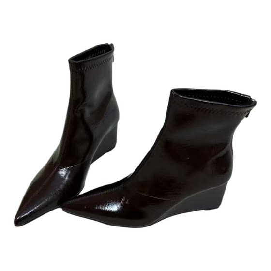 French pointed toe wedge boots elastic slim boots for women 2025 new autumn and winter high heel short boots fashion boots rear zipper