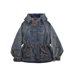 
Celeb navy deck hooded denim pullover khaki retro discharge dye distressed multi-pocket hunting jacket