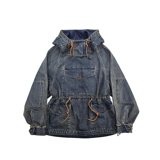 
Celeb navy deck hooded denim pullover khaki retro discharge dye distressed multi-pocket hunting jacket