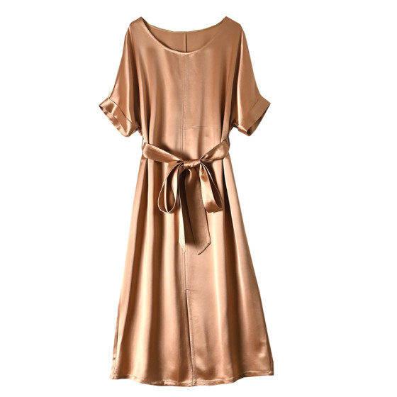 
2026 Spring and Summer New Japanese Triacetate Satin Dress Round Neck Short Sleeve Slimming Wide Version Women's Long Skirt