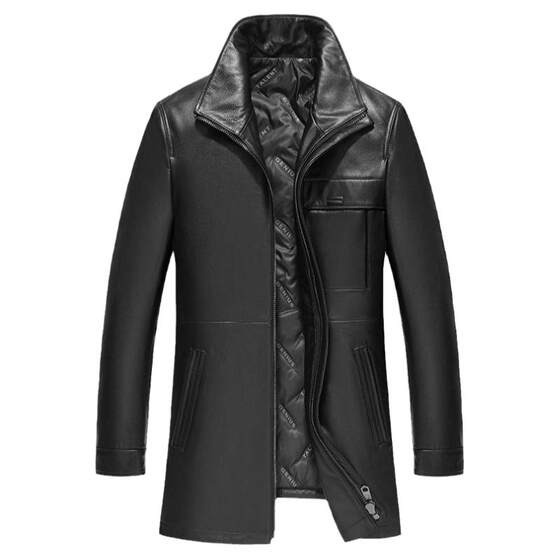 
Genuine leather down jacket men cowhide windbreaker men stand collar mid-length cowhide leather jacket daddy leather jacket men 19-21820