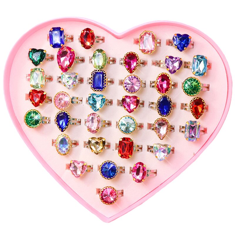 Juego de Anillos de Princesa para Niñas - Joyería de Flores y Diamantes de Dibujos Animados