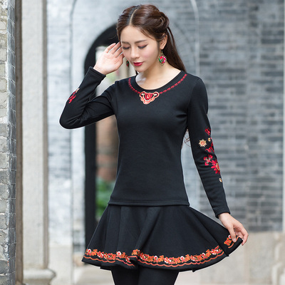 taobao agent Ethnic autumn down jacket, warm long-sleeve, T-shirt, top, plus size, ethnic style, long sleeve, with embroidery