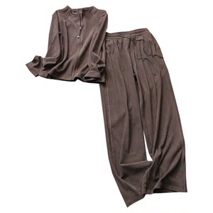 
Solid color slim-fit stand-up collar sports casual long-sleeved sweatshirt jacket complete set with wide-leg pants women's suit B674