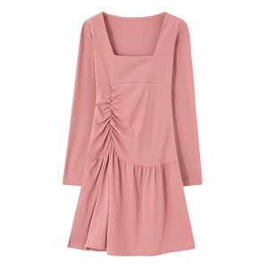 Hepburn's fashionable square collar dress with pleated waist design, slim and long sleeves, sexy A-line skirt for women
