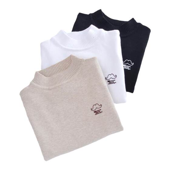 
Children's sweater medium-sized children's pure cotton wool sweater baby round collar black white base shirt boy and girl plus velvet knitted sweater