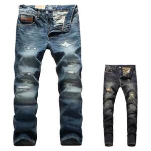 
EHMD ripped jeans for men with skull embroidery trendy brand youth slim-fit washed pure cotton elastic small-foot trousers