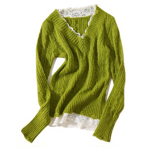 
Greater than poetry collection, ashi’s main recommendation! Contrast color lace splicing V-neck cable sweater slim pullover bottoming shirt