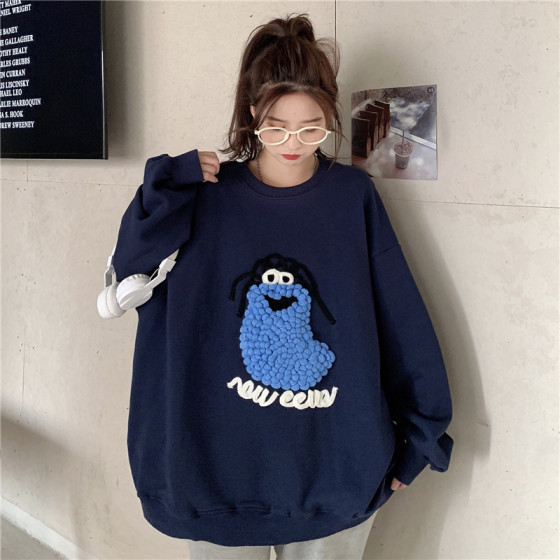 Lazy style 200 pounds thin towel embroidered sweatshirt bf jacket women students cartoon cute embroidery fat mm long-sleeved T-shirt