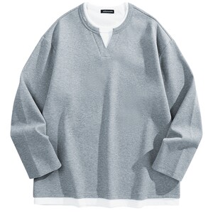 
PEACEBIRD Men's Contrast Color T-Shirt Spring and Autumn Henry Collar Heavy Long Sleeve Shirt Wide Version Fake Two-Piece Loose Bottoming Shirt