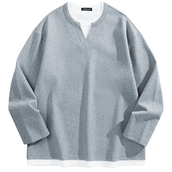 
PEACEBIRD Men's Contrast Color T-Shirt Spring and Autumn Henry Collar Heavy Long Sleeve Shirt Wide Version Fake Two-Piece Loose Bottoming Shirt