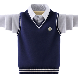 
Boy fake two-piece shirt sweater pullover autumn and winter children's plus velvet thickened medium and large children's boy knitted base shirt