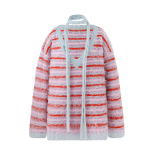 
BJHG reckless contrast striped V-neck sweater women's autumn and winter warm soft and waxy furry knitted pullover jacket