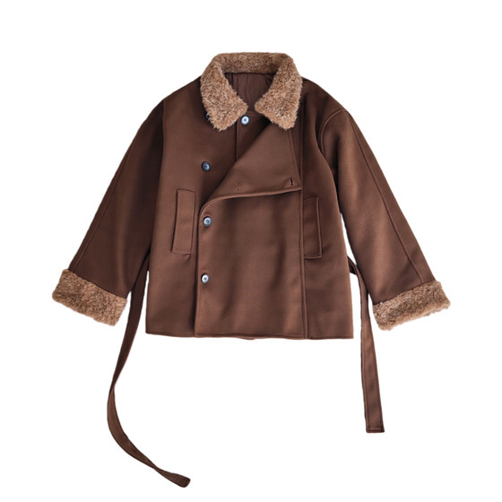 
Autumn and winter fur collar thickened woolen coat, feminine, high-end, lace-up mid-length woolen coat for small people