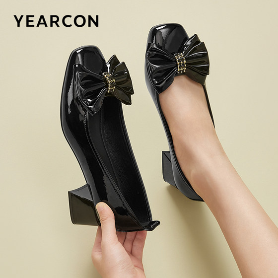 Yierkan 여성 신발 2023 가을 신품 정품 특허 가죽 하이힐 여성 스퀘어 발가락 활 두꺼운 뒤꿈치 싱글 신발 중간 뒤꿈치