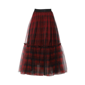 
DPLAY Spring 2025 new red skirt for women plaid mesh mid-length skirt big hem skirt long skirt