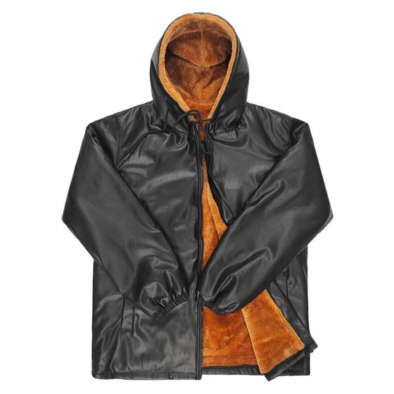 Add velvet thick leather jacket set Men's warm work clothes Middle -aged and elderly waist guards and knee -to -knee rider leather pants loose cotton jacket