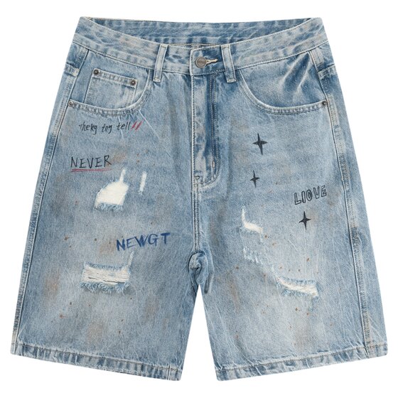 
BAIRBAOLIY high street graffiti ripped holes painted trendy brand denim shorts summer men's new casual pants