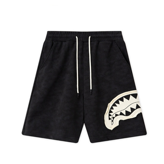 
Shark mouth embroidered patch shorts men's summer trendy casual straight pants washed tie-dyed sports pants five-quarter pants