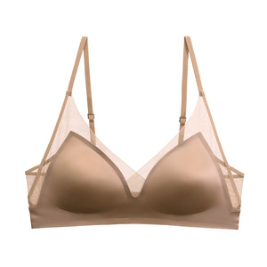 
French markless satin liquid foundation underwear for women rabbit ear cups with large breasts, small and slimming, prevent sagging, secondary breast bra