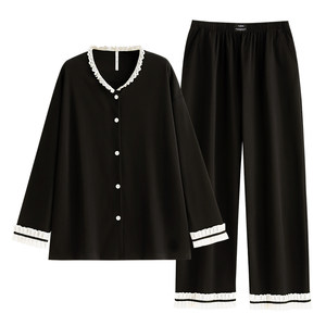 悦内睡衣女款春秋季纯棉长袖家居服秋冬时尚黑色高级感小香风套装