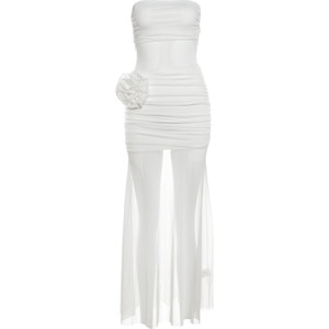 SylCue vacation style fairy fluttering mesh transparent strapless dress with three-dimensional flowers slim waist-hugging long skirt
