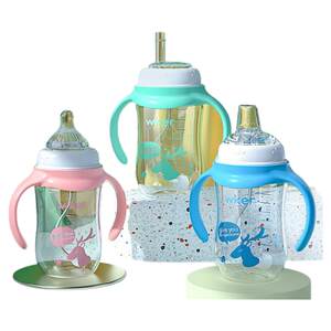 
Newborn baby anti-colic silicone soft pacifier anti-fall PP wide-caliber baby bottle with handle straw