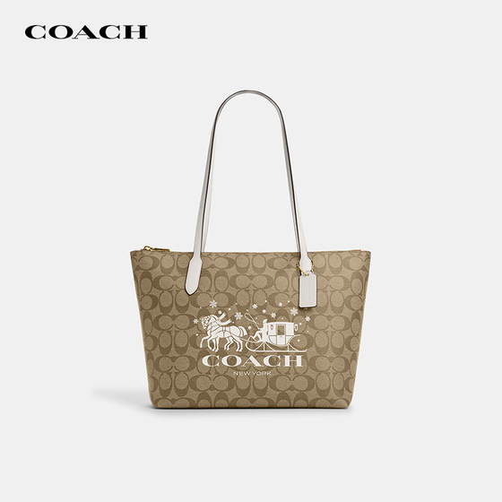 COACH/蔻驰中号时尚印花托特包通勤百搭单肩手提包女