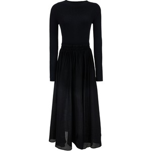 ONLY2025 autumn new waist elastic pleated high waist solid color slimming knitted splicing long skirt dress for women