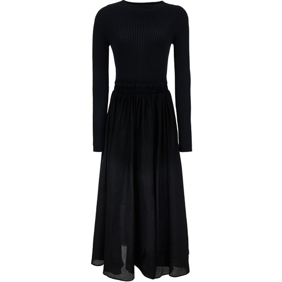 ONLY2025 autumn new waist elastic pleated high waist solid color slimming knitted splicing long skirt dress for women