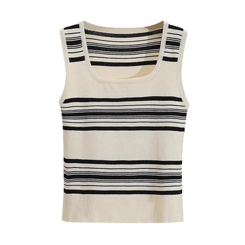 Summer sleeveless U-neck striped ice silk knitted vest for women
