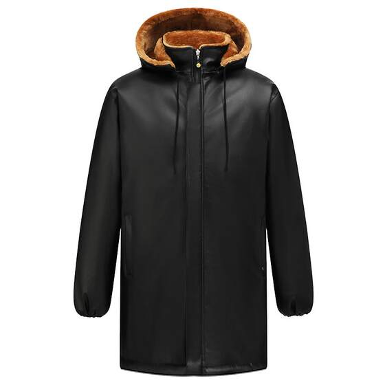 Middle -length velvet thick leather jacket men's winter warm waterproof waterproof hooded leather leather pants set men
