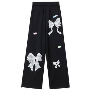 
KEIKO girly style bow embroidered casual sweatpants for women 26 spring drape loose straight wide leg sports pants