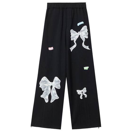 
KEIKO Girl-style bow embroidered casual sweatpants for women 25 autumn draped loose straight wide-leg sports pants