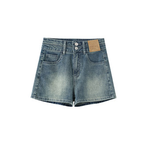 
Retro straight jean shorts for women's summer thin large size fat mm high waist elastic slimming pear-shaped body A-line hot pants