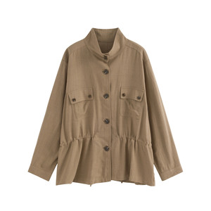 
AZure linen sun protection jacket, khaki commuter all-match shirt, long-sleeved single-breasted drawstring top, elegant and wearable