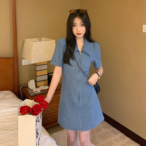 Летнее джинсовое платье, приталенная юбка, мини-юбка, подходит для подростков, в стиле Шанель, воротник поло, яркий броский стиль, короткий рукав