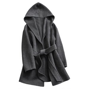 
Belt waist solid color hooded double-sided woolen blended mid-length coat petite woolen coat for women N722