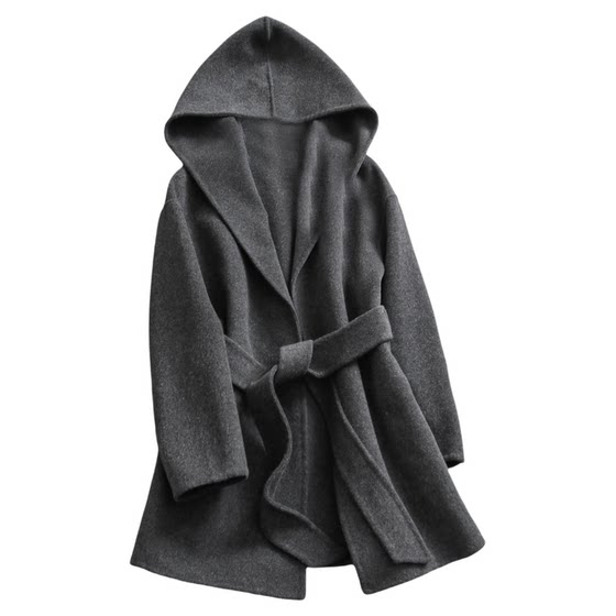
Belt waist solid color hooded double-sided woolen blended mid-length coat petite woolen coat for women N722
