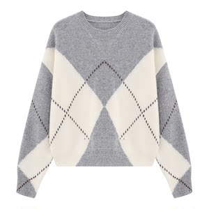 
Baijiahao retro rhombus wool sweater spring new women's gray smart style slim spring sweater