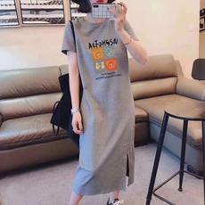 Женское платье 2022新款纯棉短袖t恤裙韩版宽松过膝长裙ins时尚连衣裙女中长款夏