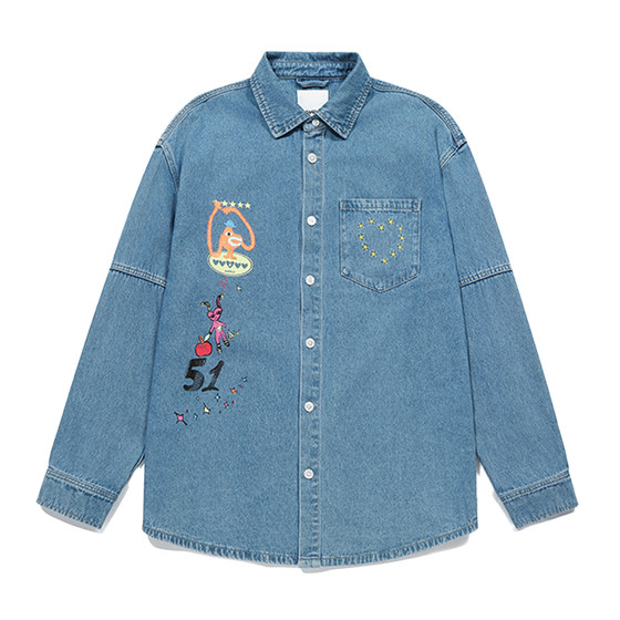 
GUUKA American retro denim shirt new style for couples shoulder jacket love embroidered long sleeve shirt loose