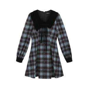 French doll collar blue plaid beautiful dress for women autumn and winter college style retro inner with waist A-line skirt