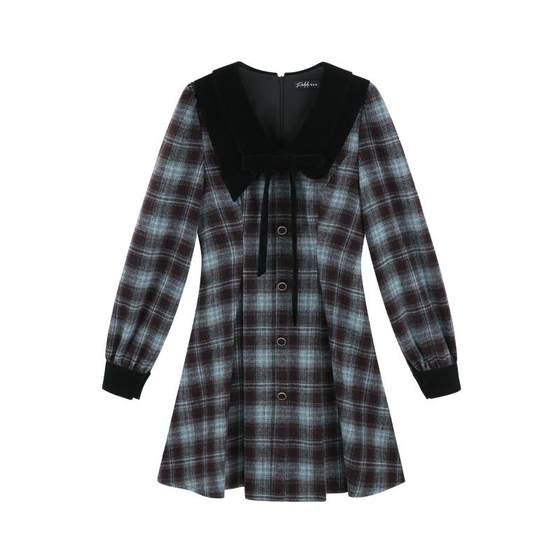 French doll collar blue plaid beautiful dress for women autumn and winter college style retro inner with waist A-line skirt